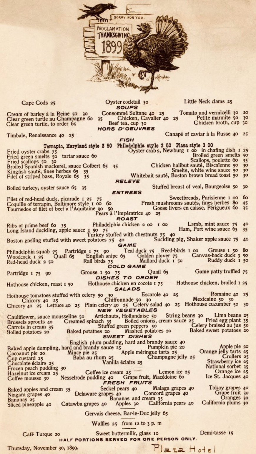 Thanksgiving menu at the Plaza Hotel for Thursday, November 30, 1899