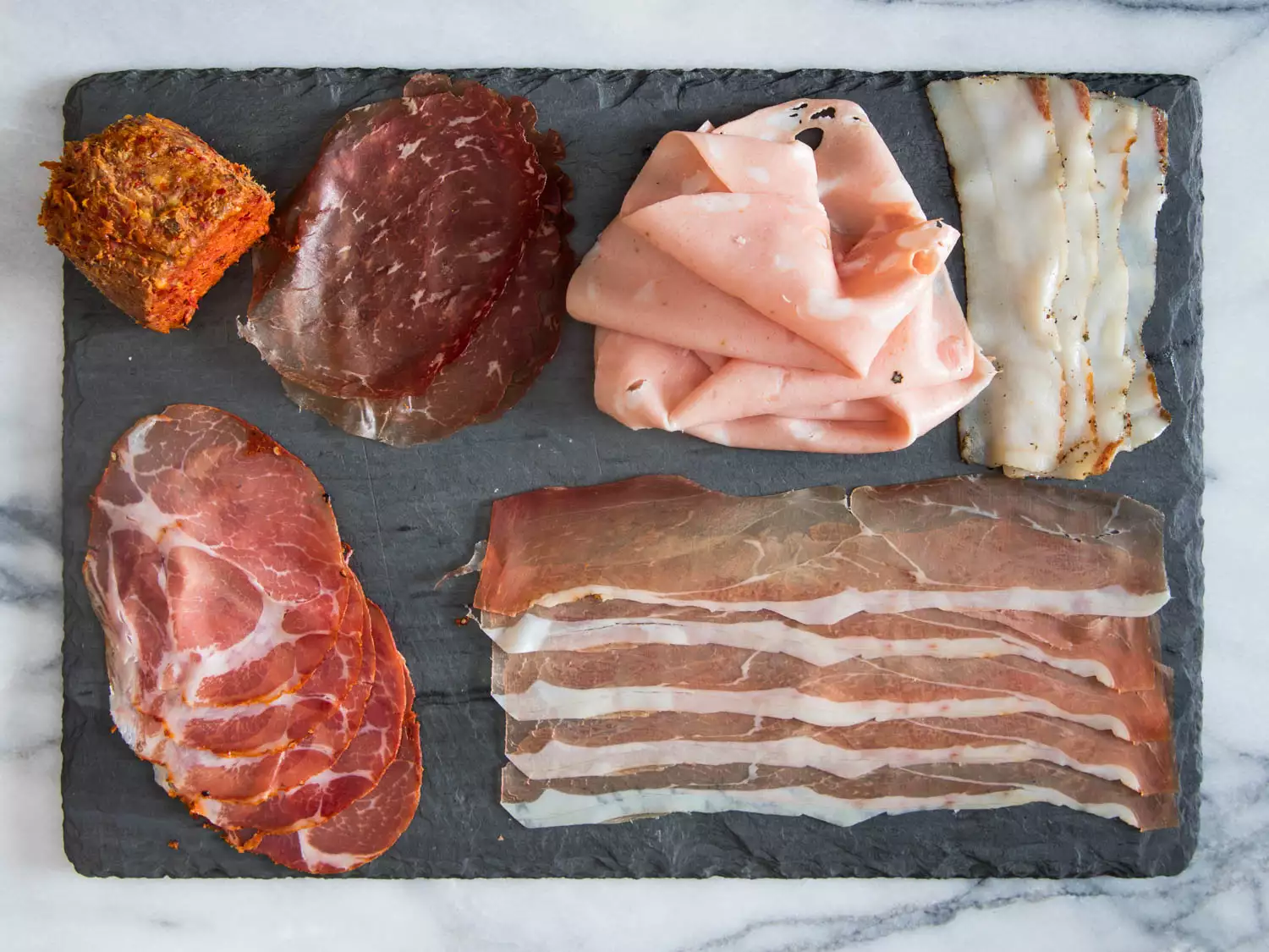 An assortment of salumi on a slate charcuterie board. I would use wood for this.
