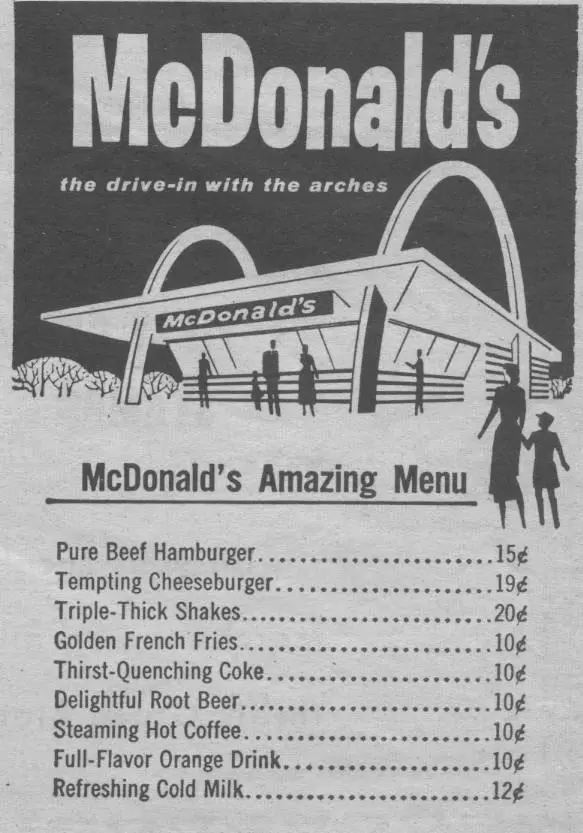 Old McDonald's menu with a bunch of items listed at prices between 10c and 20c. Which items, you ask? Well, they're helpfully ranked below.