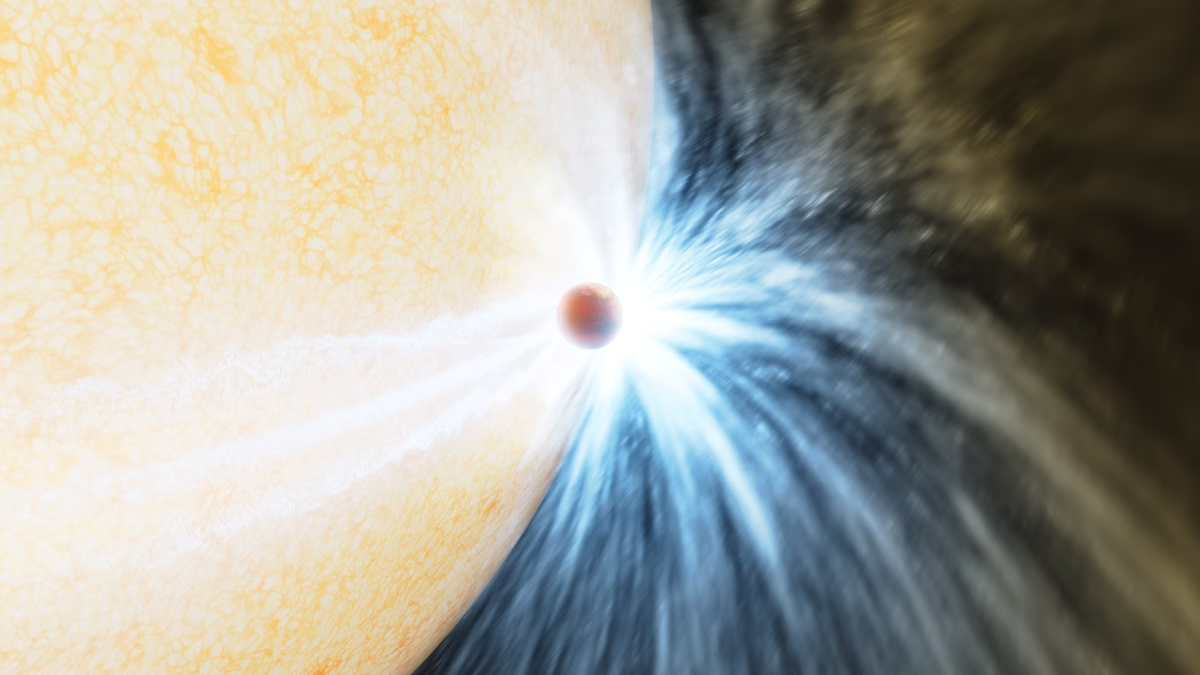 An artist’s impression shows a doomed planet skimming the surface of its star.