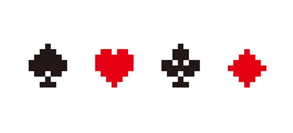 Pixelated spade, heart, club, and diamond icons