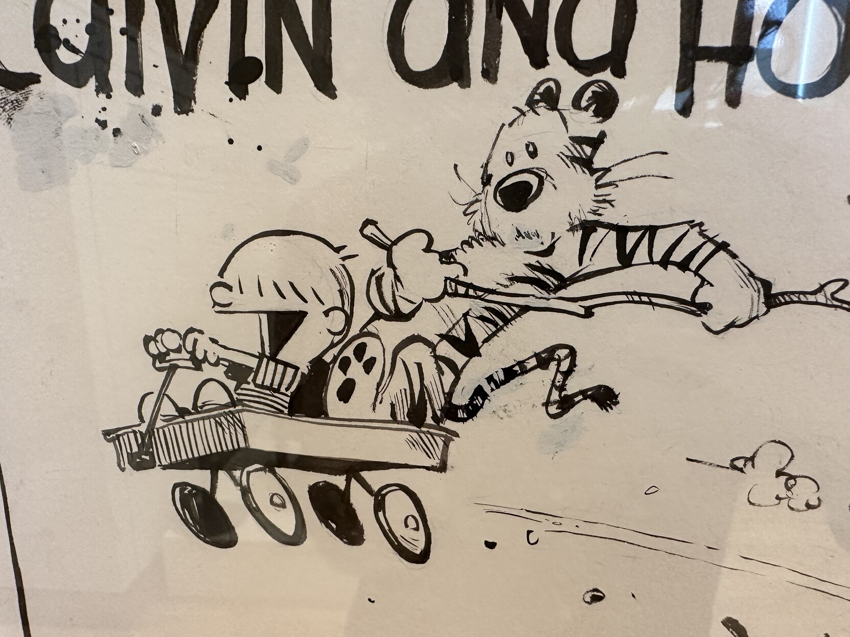 Calvin & Hobbes, in a hand-drawn sketch of the characters zooming along on a sled. Calvin's hair is not spiky. It's matted down over his eyes.