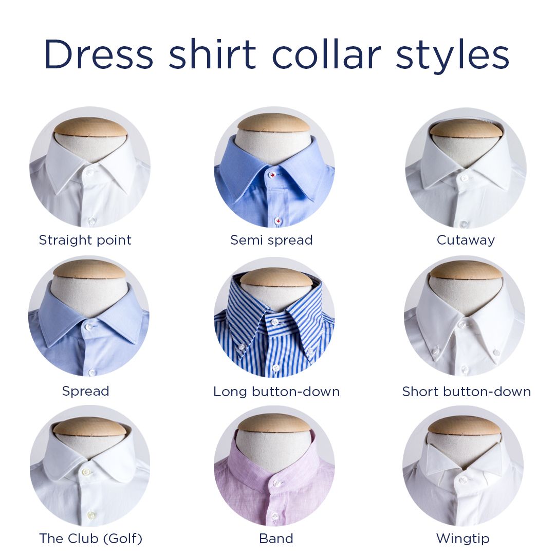 Image of 9 shirt collar styles, which are listed below in a different order.