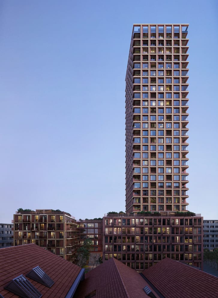 Image of a tall wooden building that may or may not ever actually exist.