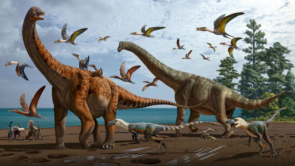 In the drawing, Silutitan sinensis, left, and Hamititan xinjiangensis on the right with many Hamipterus tianshanensis and theropods living around. Chuang Zhao