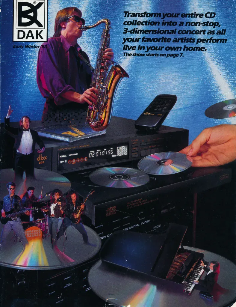 It's sort of like that t-shirt with multiple wolf heads howling at the moon, but instead it's a bunch of music guys standing on compact discs, performing their little hearts out. The caption says "Transform your entire CD collection into a non-stop 3-dimensional concert as all your favorite artists perform live in your own home."